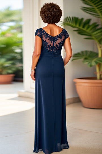 Fourreau bleu marine à col rond à volants longue Robe mère de la mariée avec dentelle